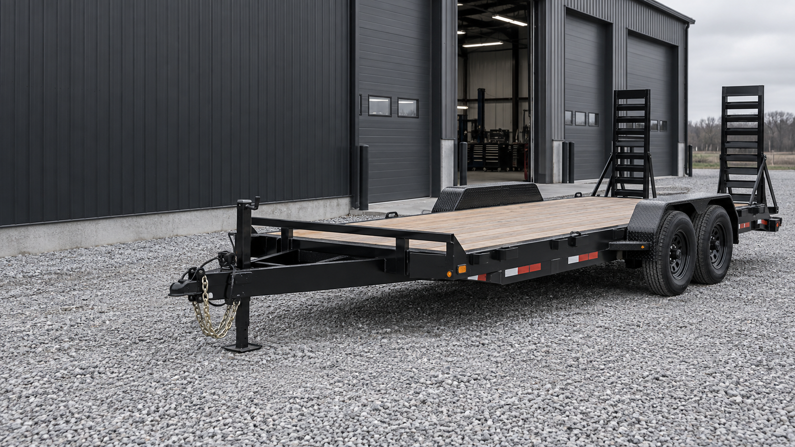 Black equipment trailer outside a workshop